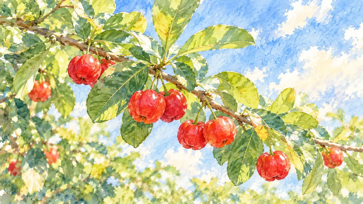 枝に実る赤いアセローラの実のイラスト