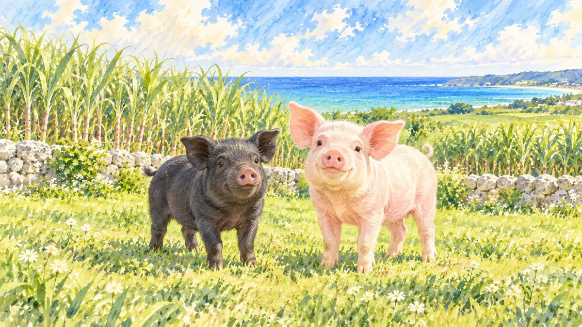 黒いアグー豚とピンク色の豚が牧草地に並ぶイラスト