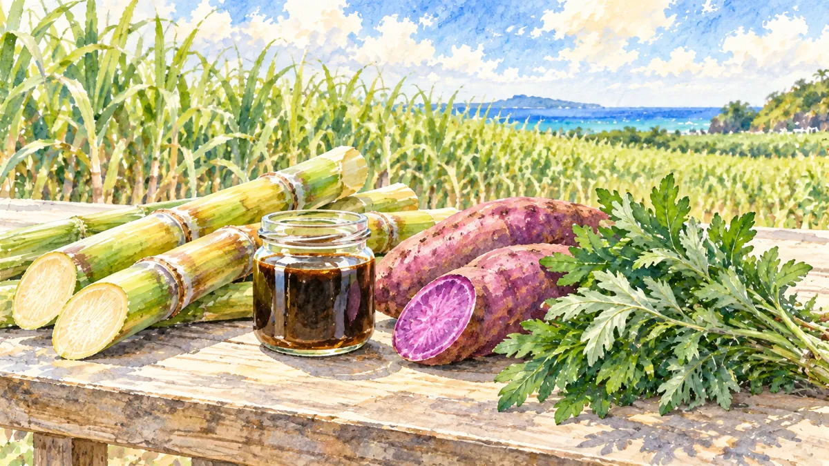 キビまる豚が食べている糖蜜・紅芋・フーチバーとサトウキビのイラスト