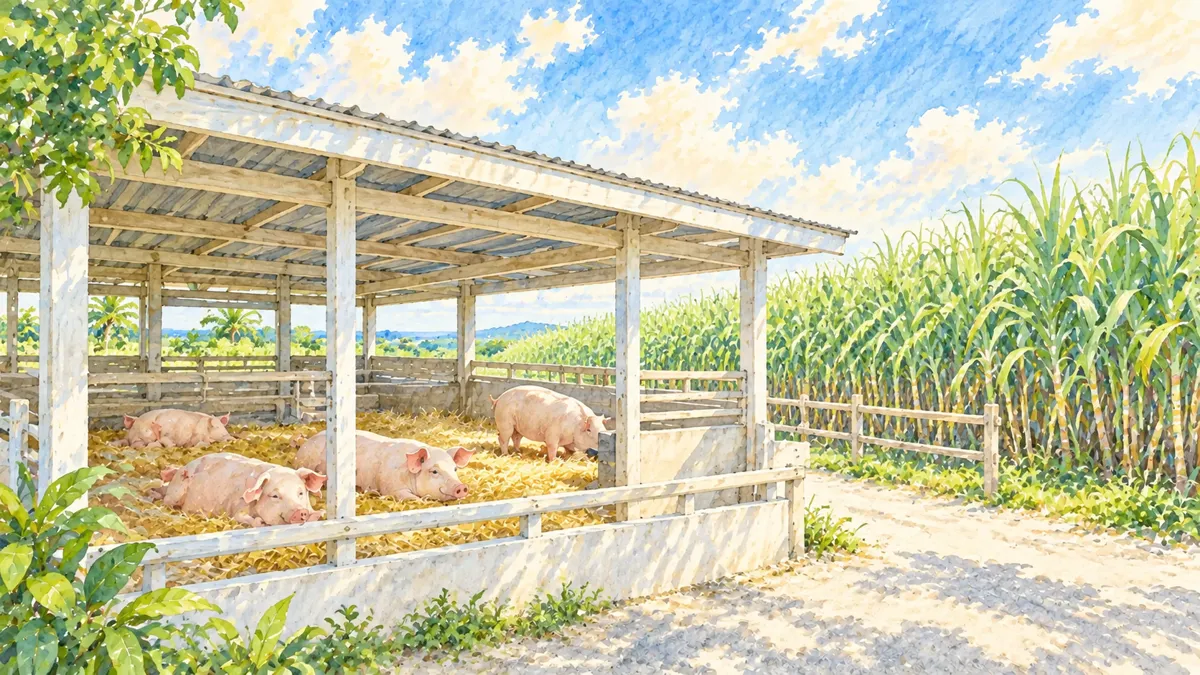 サトウキビ畑のそばでキビまる豚が育つ、沖縄の養豚場のイメージイラスト