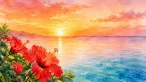 沖縄の海と夕日、ハイビスカスを描いたOkinawaNowイベント記事のアイキャッチ