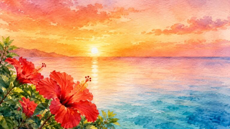 沖縄の海と夕日、ハイビスカスを描いたOkinawaNowイベント記事のアイキャッチ