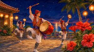沖縄の夜空と海を背景にエイサーを踊る3人とハイビスカスを描いたOkinawaNowのアイキャッチ