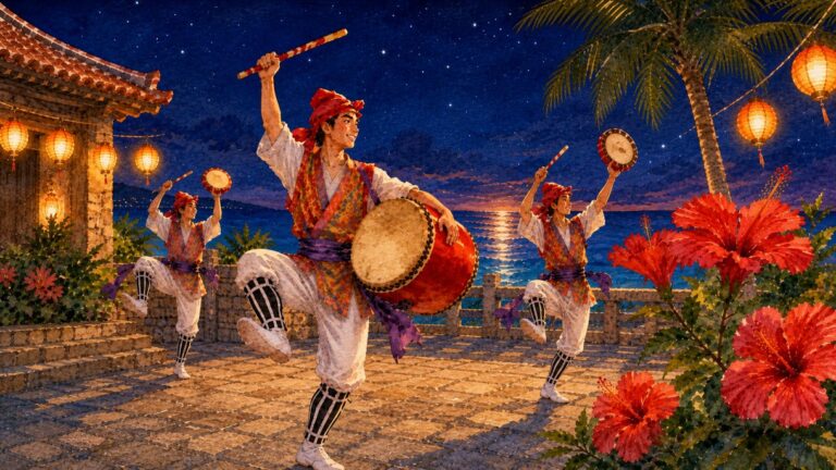 沖縄の夜空と海を背景にエイサーを踊る3人とハイビスカスを描いたOkinawaNowのアイキャッチ