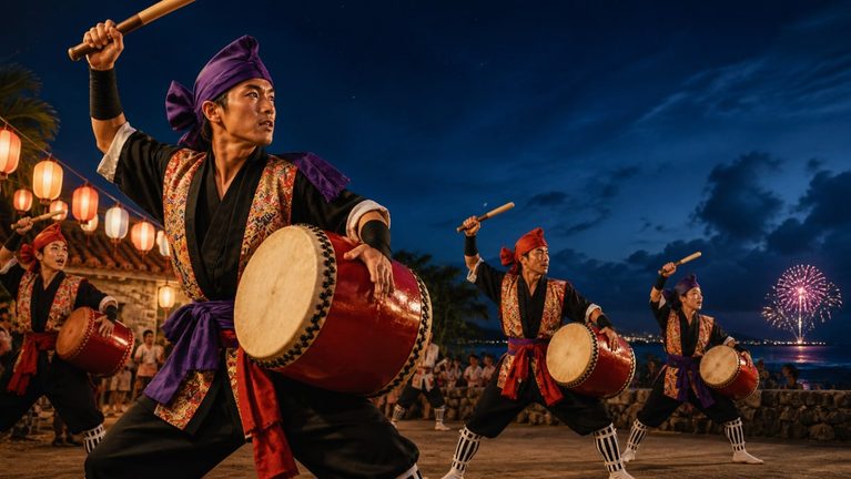 沖縄の夜空と海を背景に、太鼓を演奏するエイサーの踊り手たち