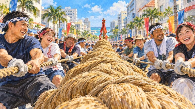 那覇大綱挽を題材に人々が綱を引くイメージイラスト