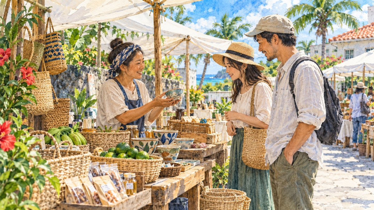 2026年10月の沖縄イベントのイメージ。沖縄の県産品や手仕事を楽しむ市のイラスト