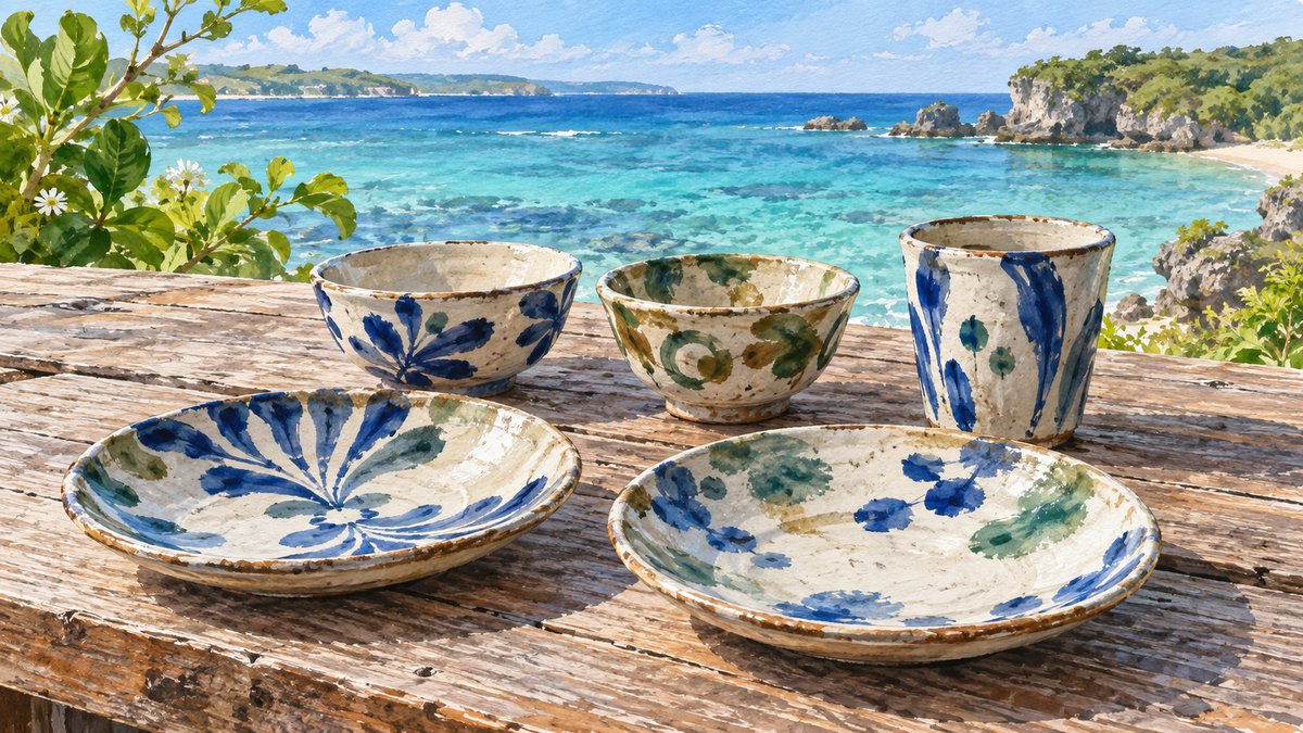 青い海を背景に並ぶやちむんの器のイメージイラスト